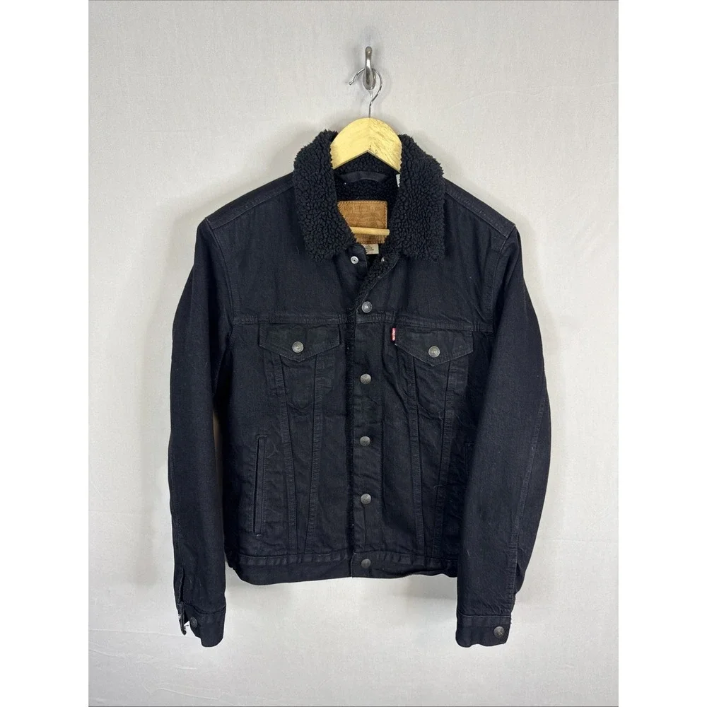 Levi's Premium Sherpa Trucker Jacket Mens Small Black Denim Faux Fur Lined‎